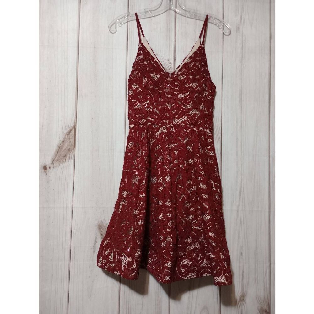 My Michelle Dress Junior 5 Red Spaghetti Strap Sequin‎ Knee Length Y2K Self Bra